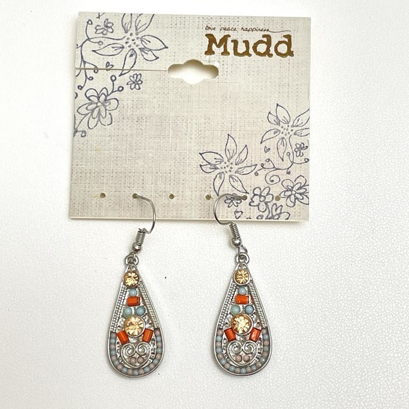 Mudd Dangle Silver Teardrop Earrings Gems‎ Beads Geometric - Picture 3 of 8